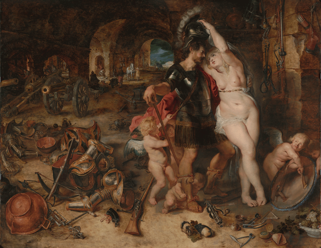 Painting of Mars disarmed by Venus inside vulcan's Forge