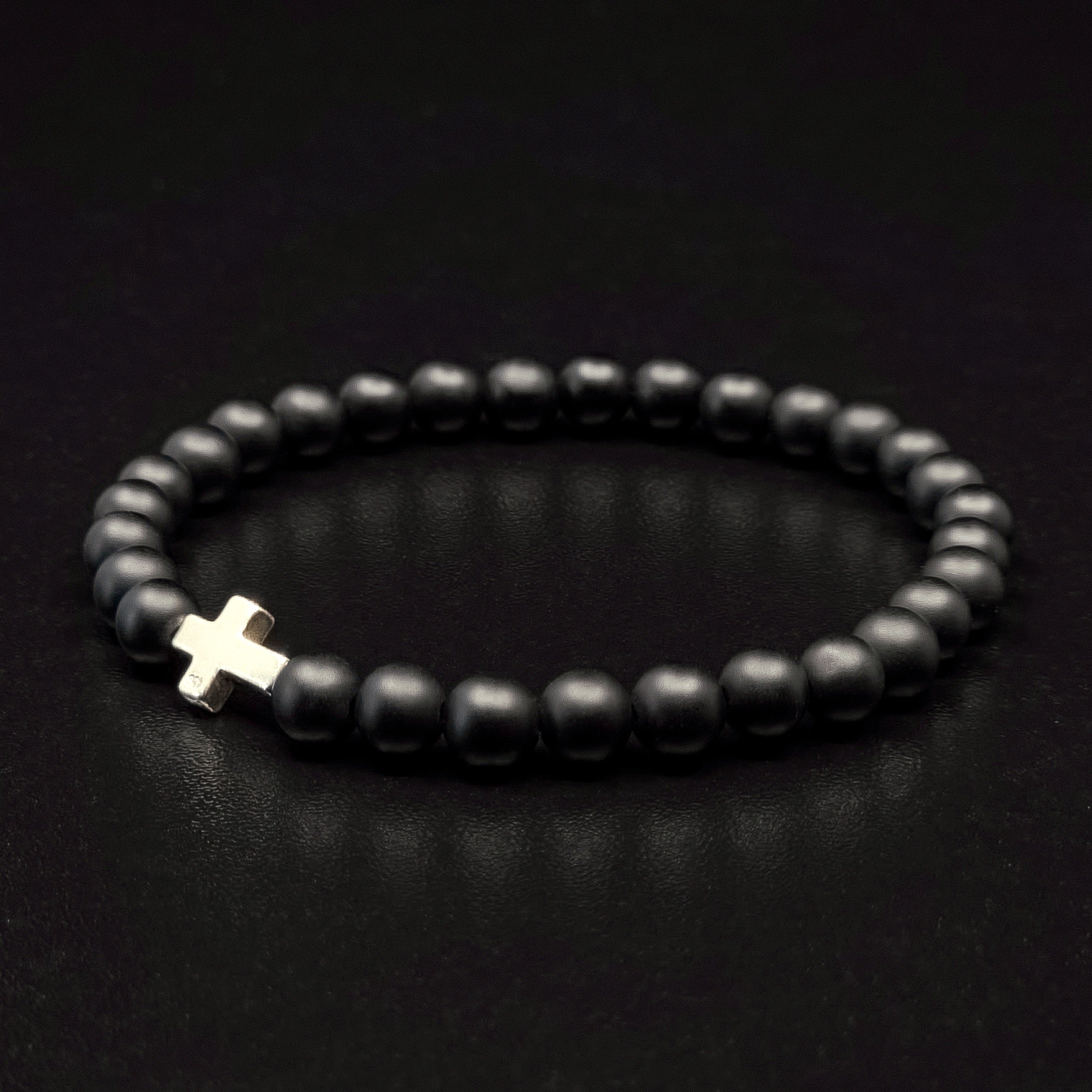 MATTE BLACK ONYX BRACELET WITH STERLING SILVER CROSS