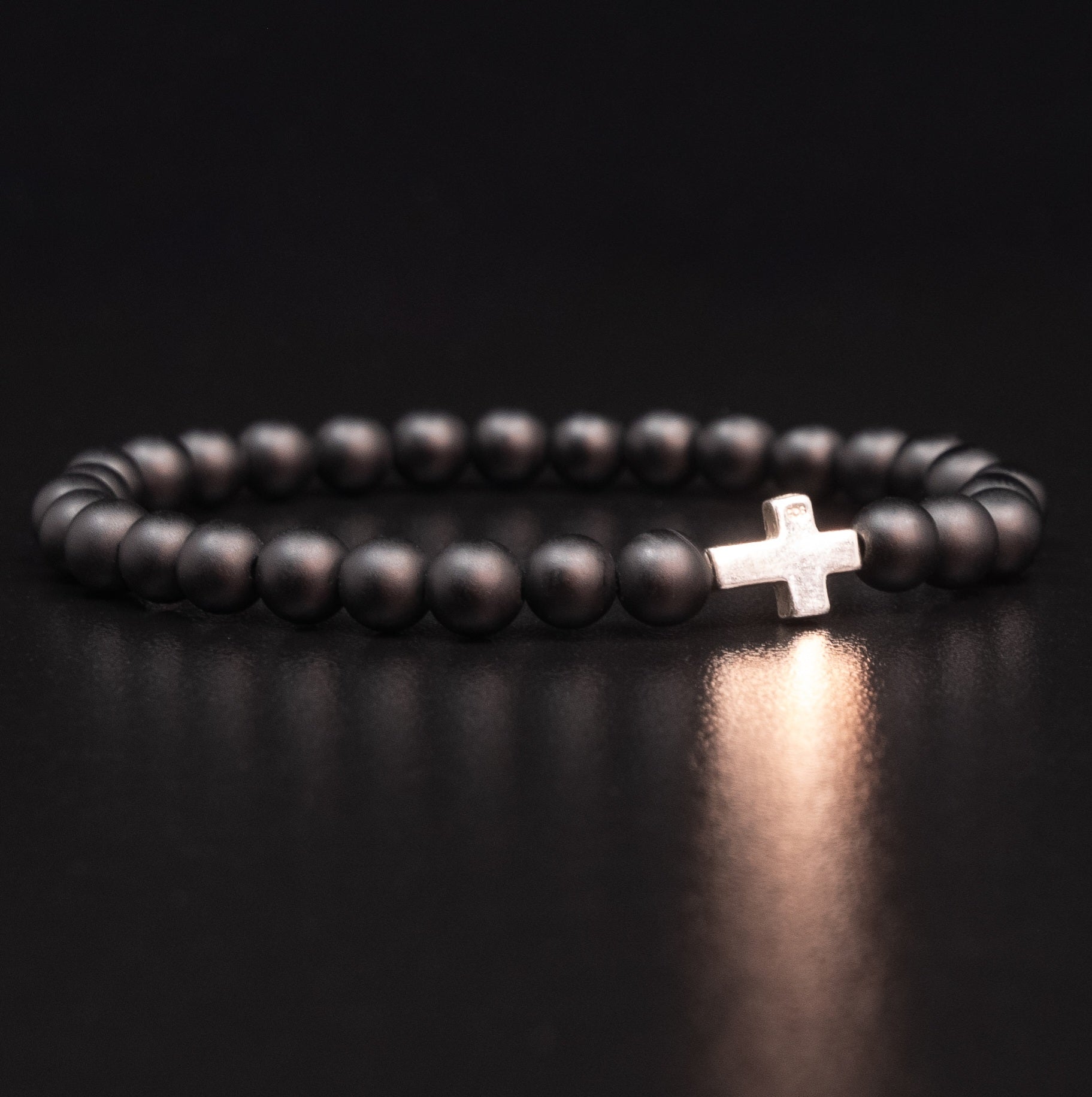 MATTE BLACK ONYX BRACELET WITH STERLING SILVER CROSS