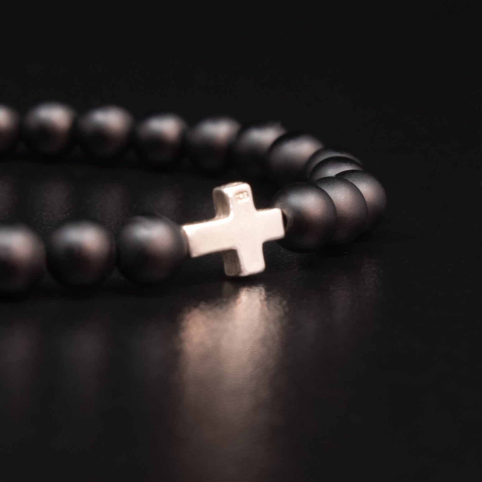 MATTE BLACK ONYX BRACELET WITH STERLING SILVER CROSS